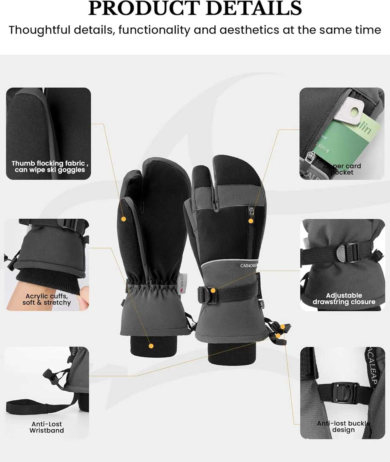 3-Fingers Ski Mittens for Men & Women Winter Snow Mitts Waterproof Gloves Warm 3M Thinsulate for Snowboard Snowmobile