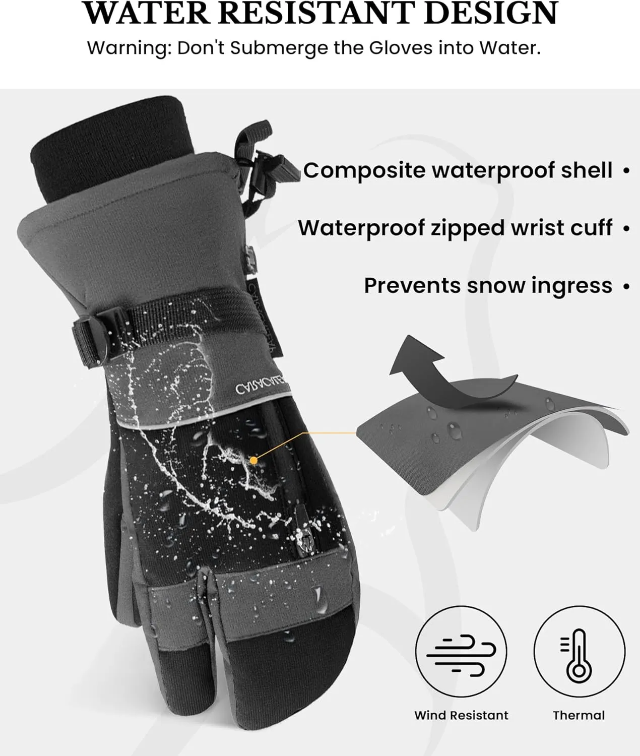 3-Fingers Ski Mittens for Men & Women Winter Snow Mitts Waterproof Gloves Warm 3M Thinsulate for Snowboard Snowmobile