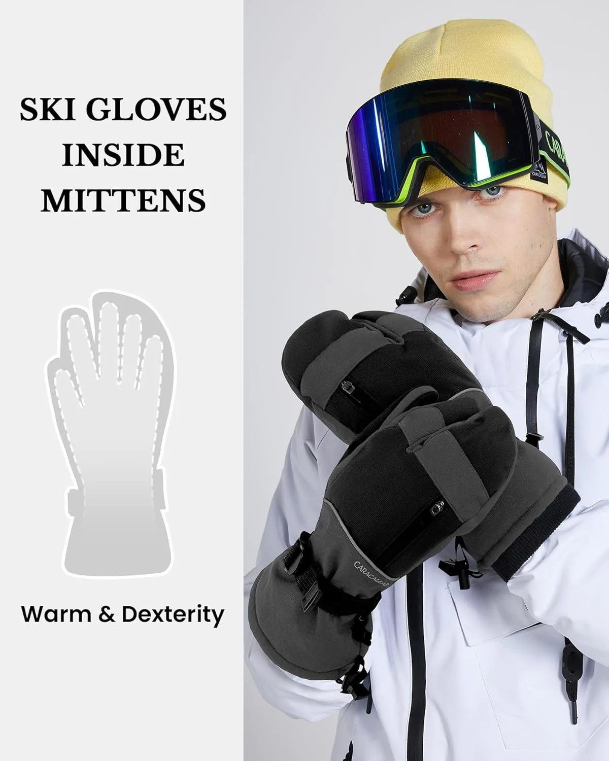 3-Fingers Ski Mittens for Men & Women Winter Snow Mitts Waterproof Gloves Warm 3M Thinsulate for Snowboard Snowmobile
