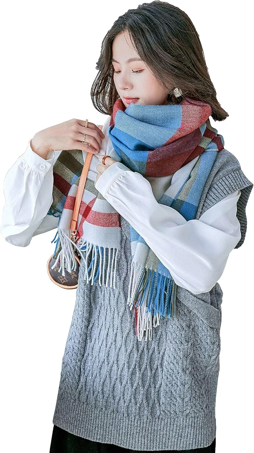 Alidamo Winter Scarf Cashmere Feel Wool Tassel Pashmina Shawl Soft Scarves Tie-dyed& Plaid Solid Colors