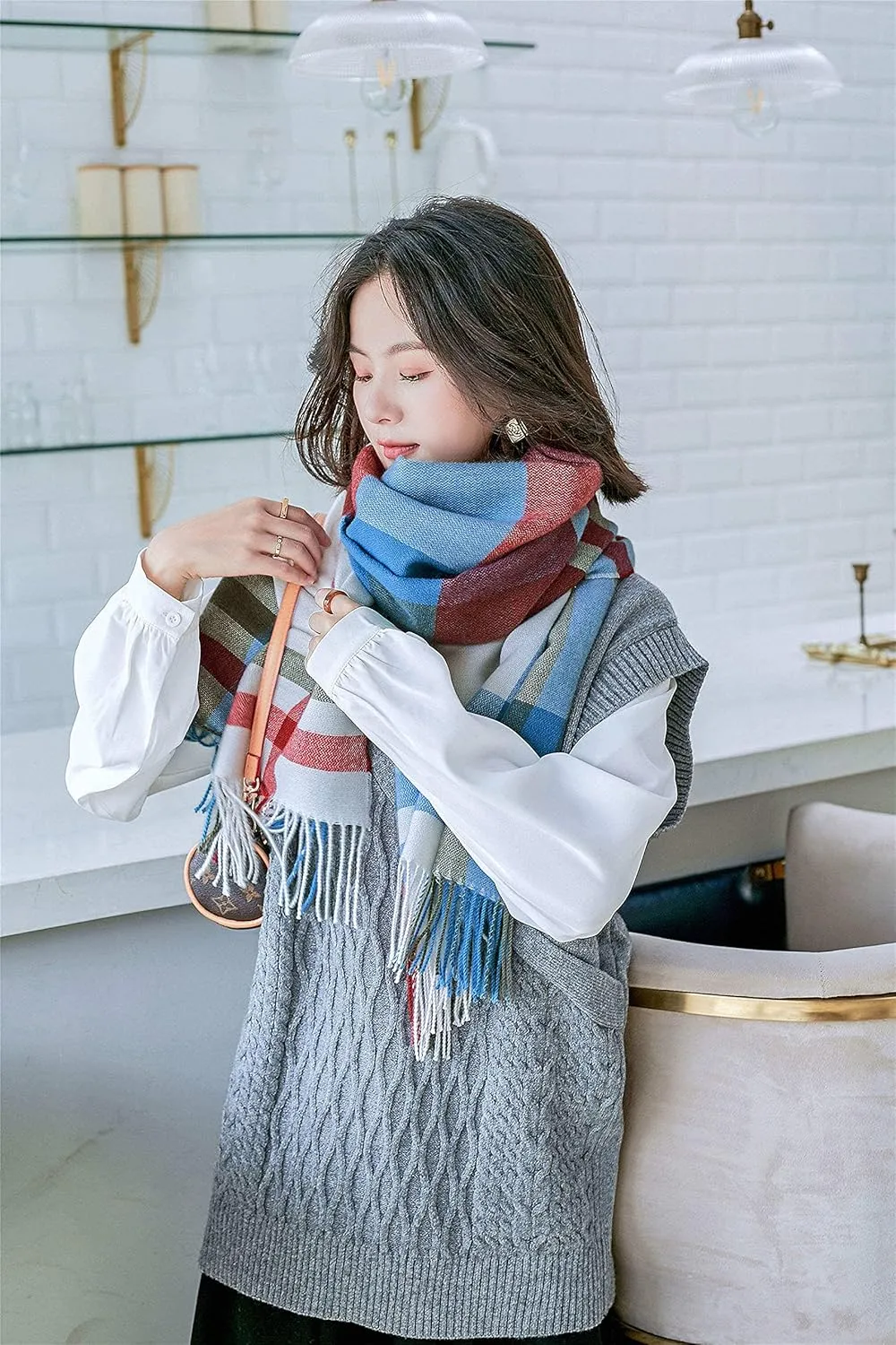 Alidamo Winter Scarf Cashmere Feel Wool Tassel Pashmina Shawl Soft Scarves Tie-dyed& Plaid Solid Colors