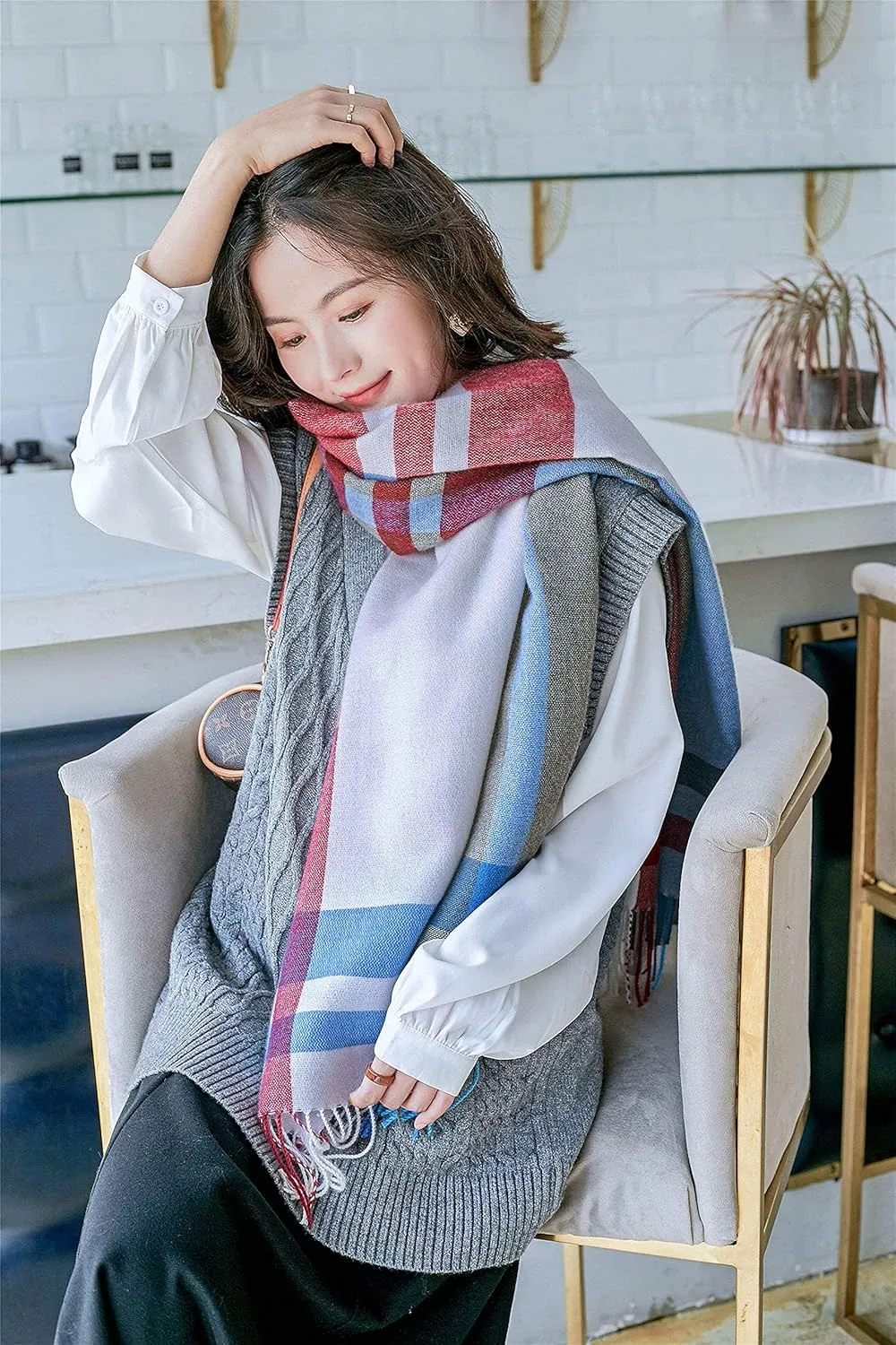 Alidamo Winter Scarf Cashmere Feel Wool Tassel Pashmina Shawl Soft Scarves Tie-dyed& Plaid Solid Colors