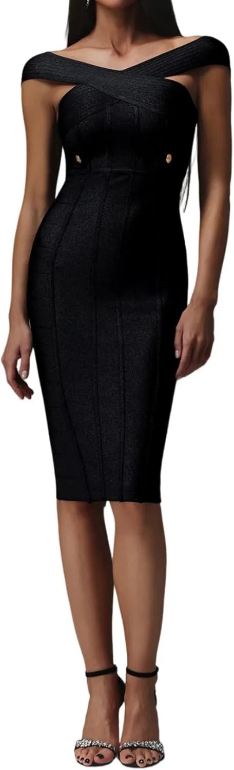 BELLA BARNETT Sleek Black Stain Off Shoulder Sleeveless Bodycon Cocktail Dress