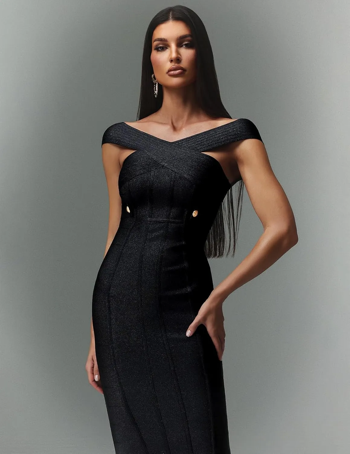 BELLA BARNETT Sleek Black Stain Off Shoulder Sleeveless Bodycon Cocktail Dress