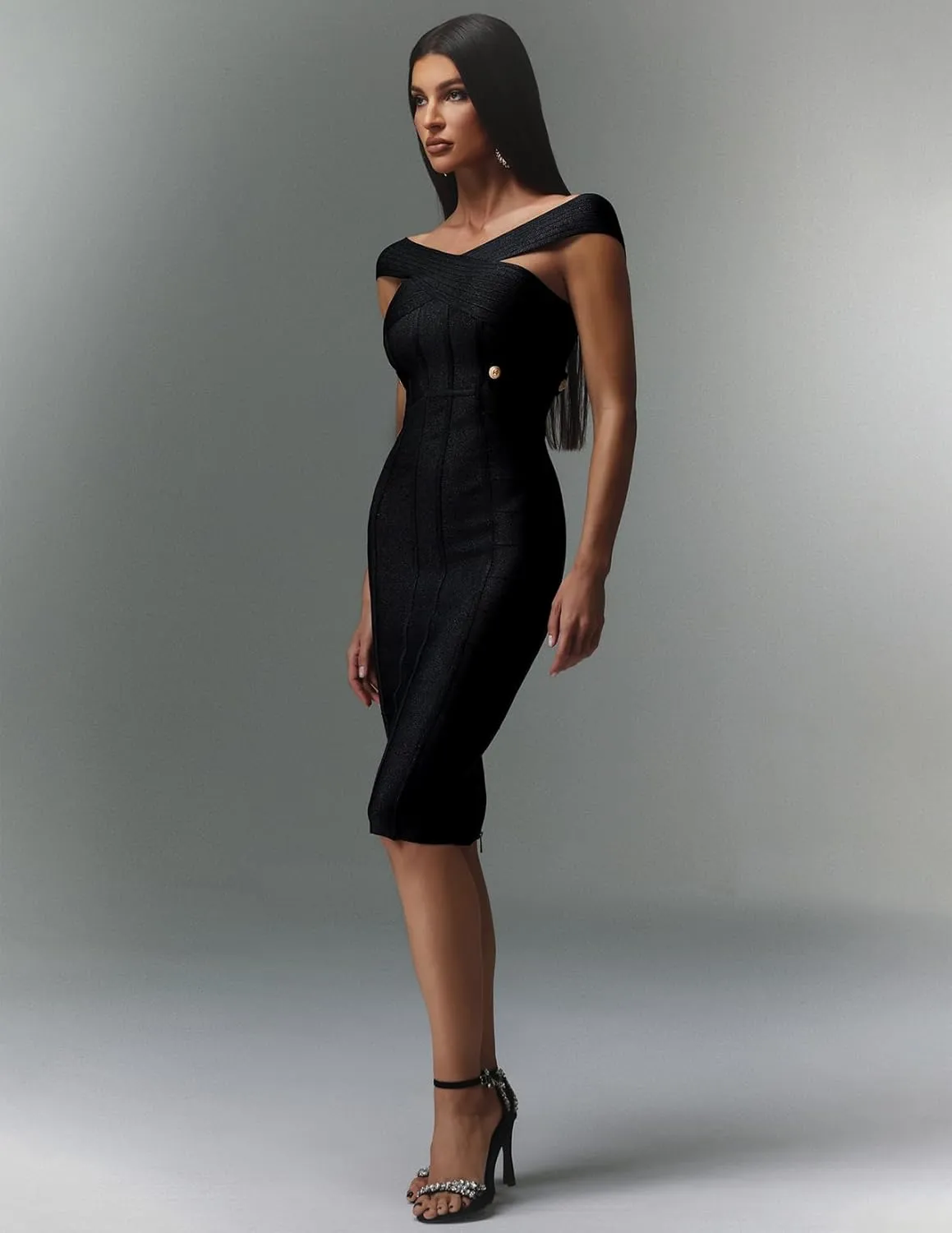 BELLA BARNETT Sleek Black Stain Off Shoulder Sleeveless Bodycon Cocktail Dress