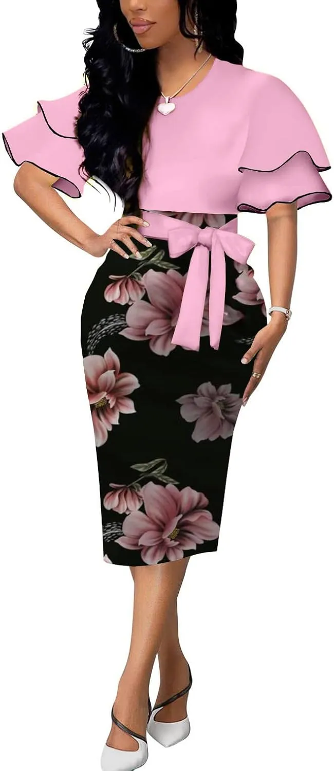 BOGURST Women Dresses for Church Wave Short Sleeve Bodycon Prints Pencil Dresses
