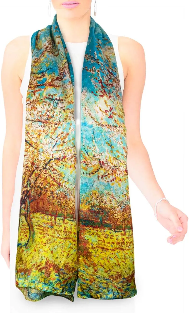 Dahlia Women's 100% Luxury Long Silk Scarf - Van Gogh's Art Collection