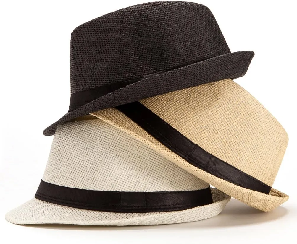 LADYBRO Straw Fedora Hats for Men Summer Short Brim Trilby Sunhat for Travel (Pack of 3)