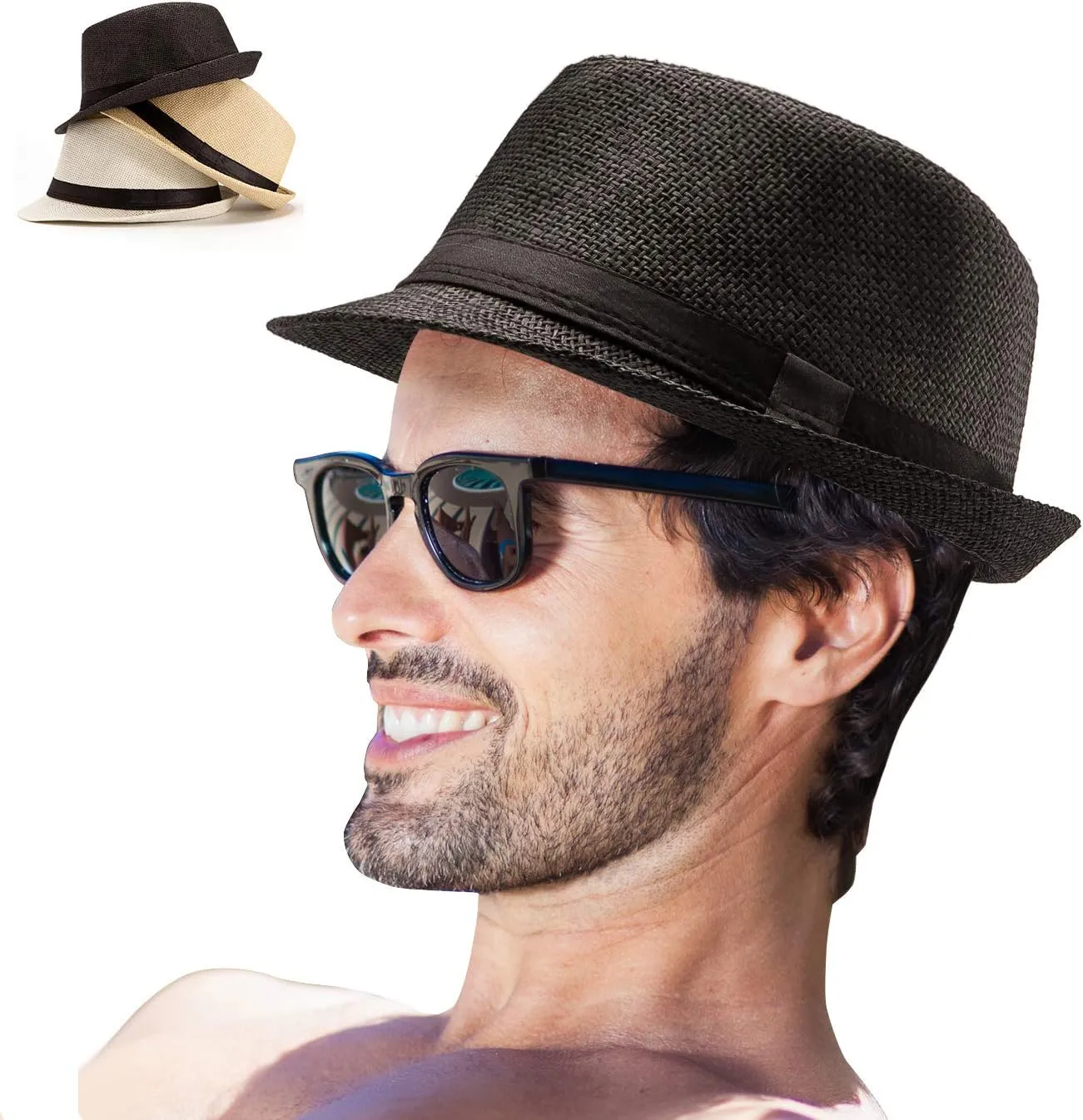 LADYBRO Straw Fedora Hats for Men Summer Short Brim Trilby Sunhat for Travel (Pack of 3)
