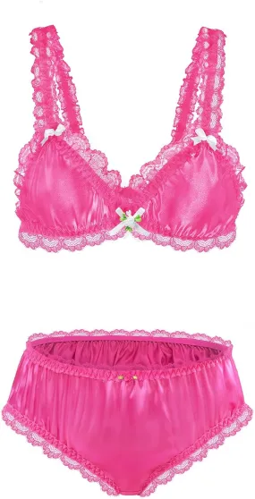 Littleforbig Unisex Nightwear Strap Sissy Lacy Frill Adjustable Satin Bralette Panties Set
