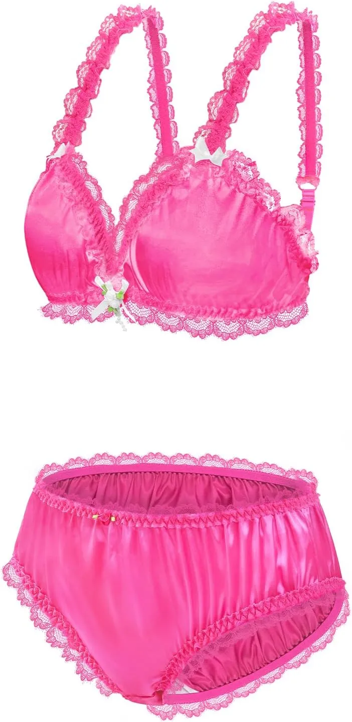 Littleforbig Unisex Nightwear Strap Sissy Lacy Frill Adjustable Satin Bralette Panties Set