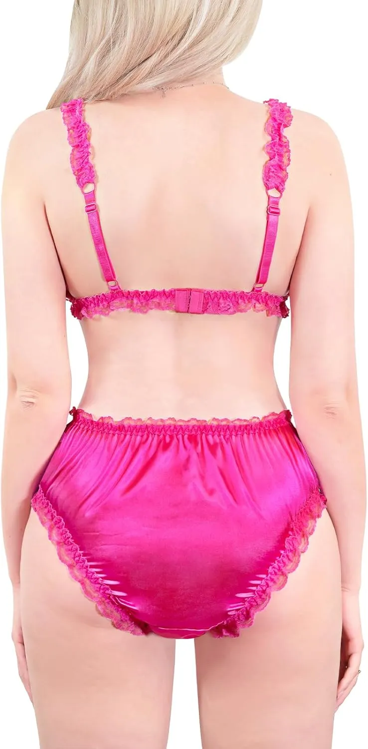Littleforbig Unisex Nightwear Strap Sissy Lacy Frill Adjustable Satin Bralette Panties Set
