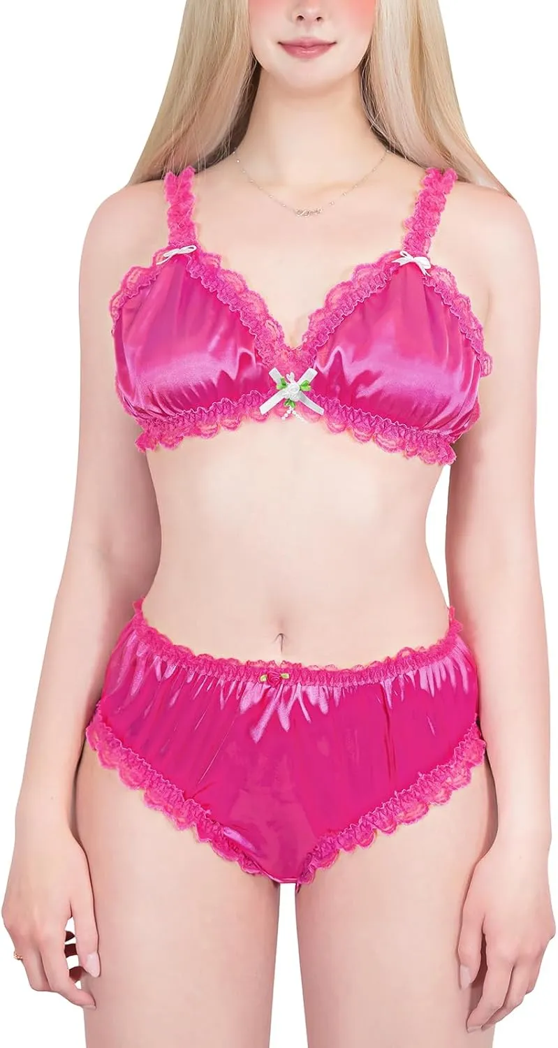 Littleforbig Unisex Nightwear Strap Sissy Lacy Frill Adjustable Satin Bralette Panties Set