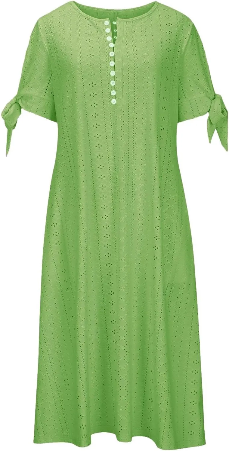 Maxi Long Dresses for Women Eyelet Tshirts Dress Short Sleeve Casual 2025 Trendy Summer Beach Vacation Sundress