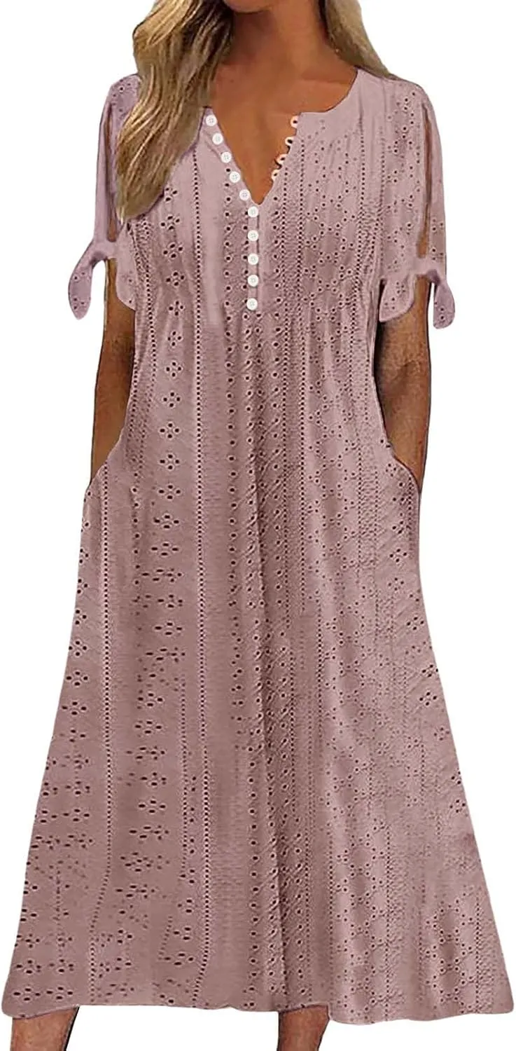 Maxi Long Dresses for Women Eyelet Tshirts Dress Short Sleeve Casual 2025 Trendy Summer Beach Vacation Sundress