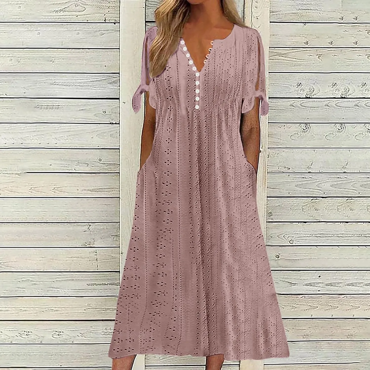 Maxi Long Dresses for Women Eyelet Tshirts Dress Short Sleeve Casual 2025 Trendy Summer Beach Vacation Sundress