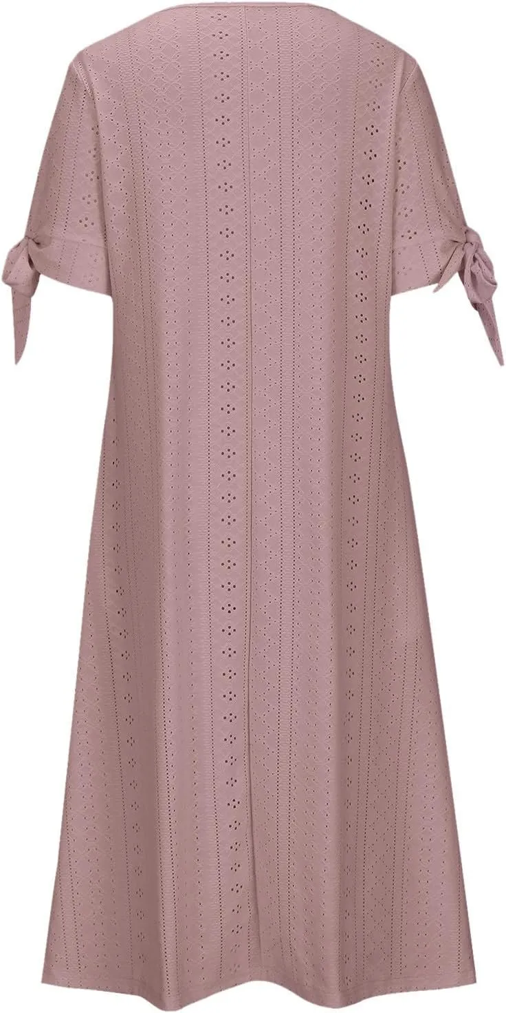 Maxi Long Dresses for Women Eyelet Tshirts Dress Short Sleeve Casual 2025 Trendy Summer Beach Vacation Sundress