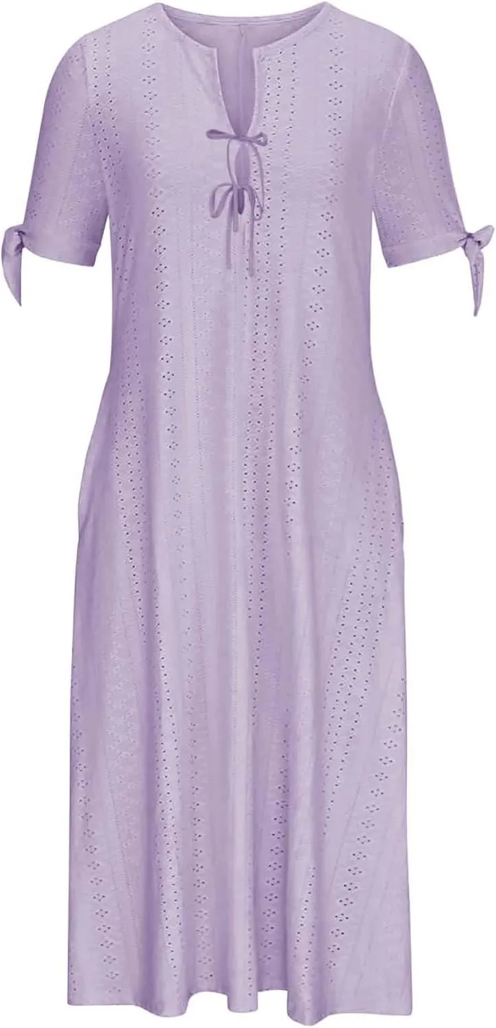 Maxi Long Dresses for Women Eyelet Tshirts Dress Short Sleeve Casual 2025 Trendy Summer Beach Vacation Sundress