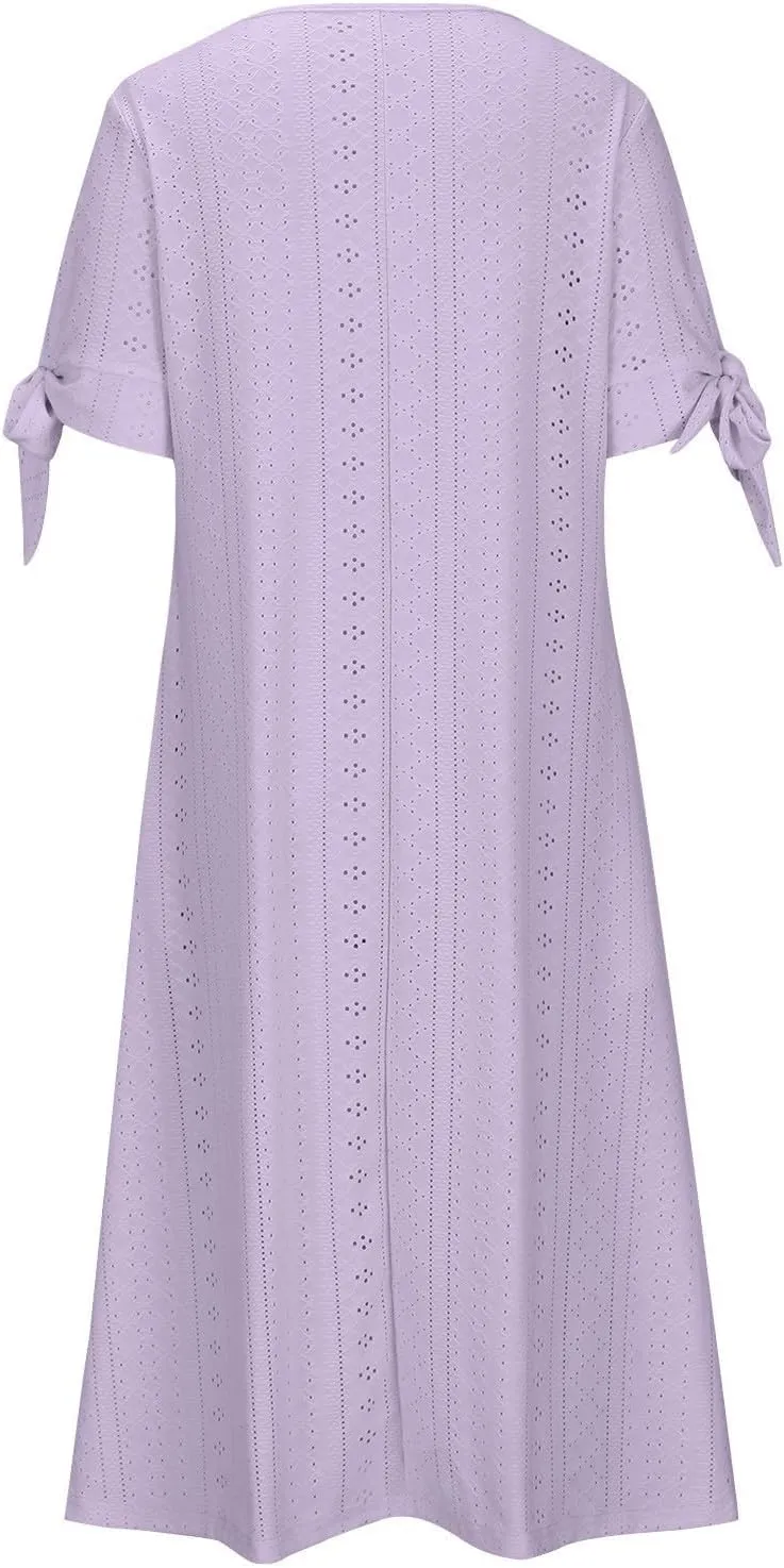 Maxi Long Dresses for Women Eyelet Tshirts Dress Short Sleeve Casual 2025 Trendy Summer Beach Vacation Sundress