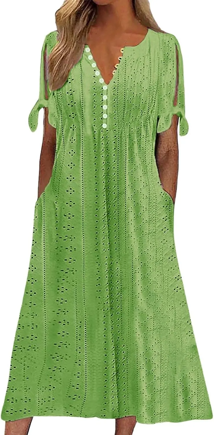 Maxi Long Dresses for Women Eyelet Tshirts Dress Short Sleeve Casual 2025 Trendy Summer Beach Vacation Sundress