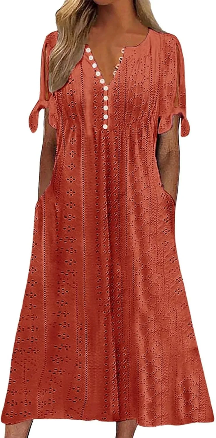 Maxi Long Dresses for Women Eyelet Tshirts Dress Short Sleeve Casual 2025 Trendy Summer Beach Vacation Sundress