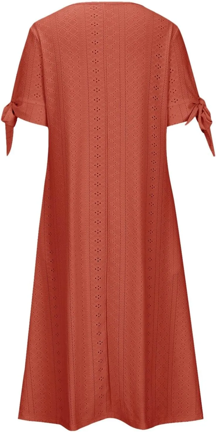 Maxi Long Dresses for Women Eyelet Tshirts Dress Short Sleeve Casual 2025 Trendy Summer Beach Vacation Sundress