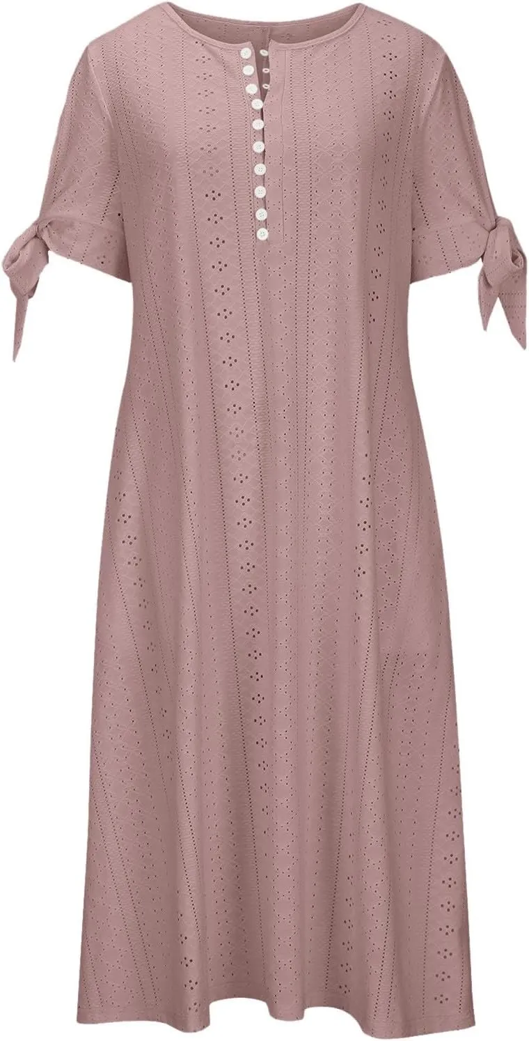 Maxi Long Dresses for Women Eyelet Tshirts Dress Short Sleeve Casual 2025 Trendy Summer Beach Vacation Sundress