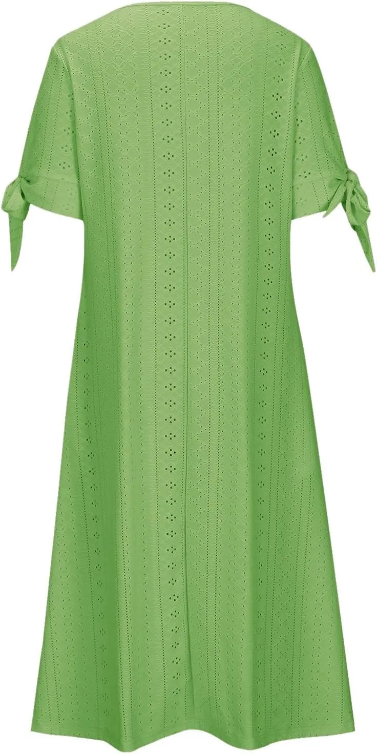 Maxi Long Dresses for Women Eyelet Tshirts Dress Short Sleeve Casual 2025 Trendy Summer Beach Vacation Sundress