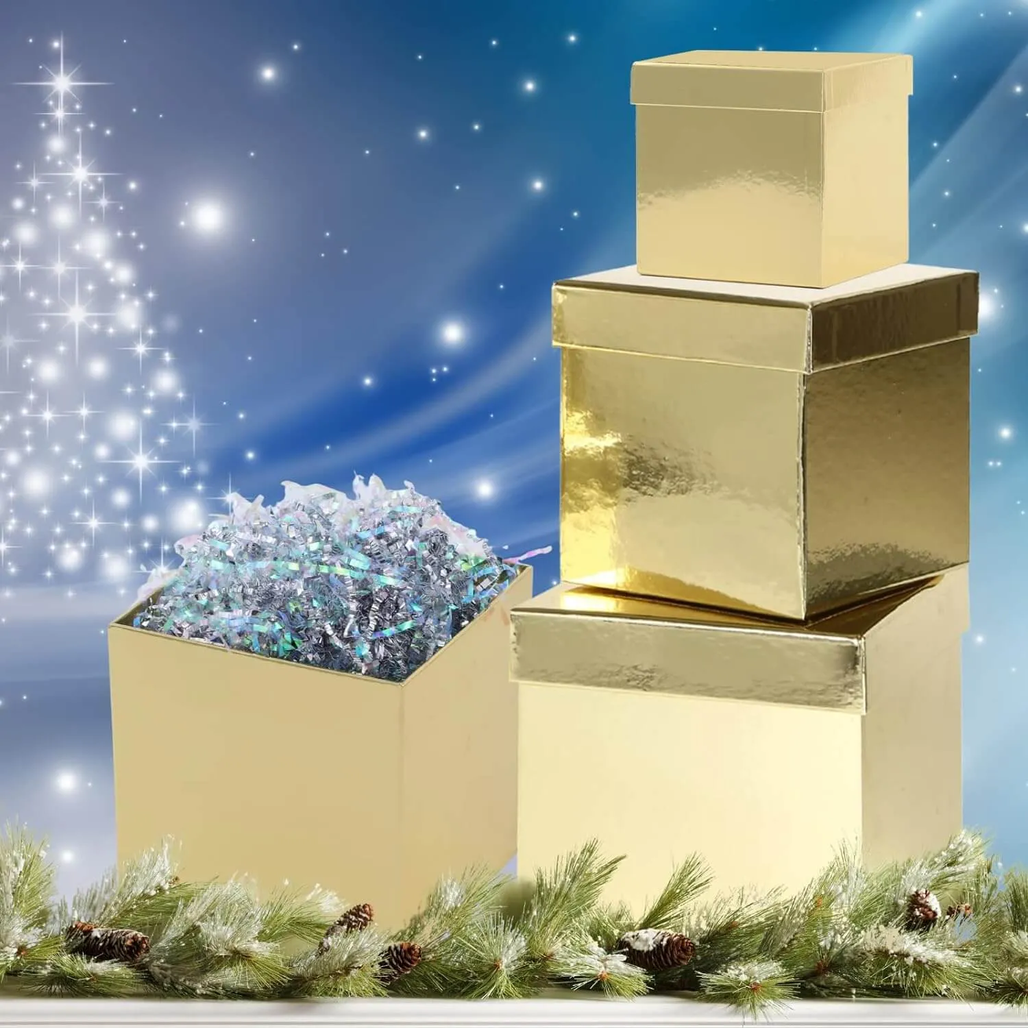 Metallic Gold Christmas Nesting Gift Box, Set of 5