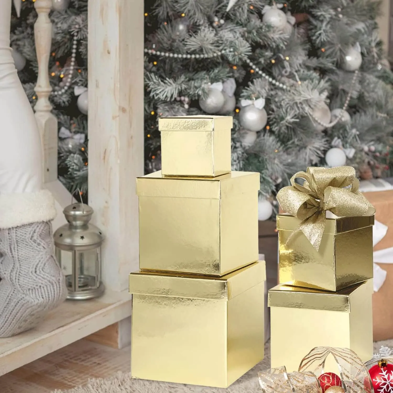 Metallic Gold Christmas Nesting Gift Box, Set of 5