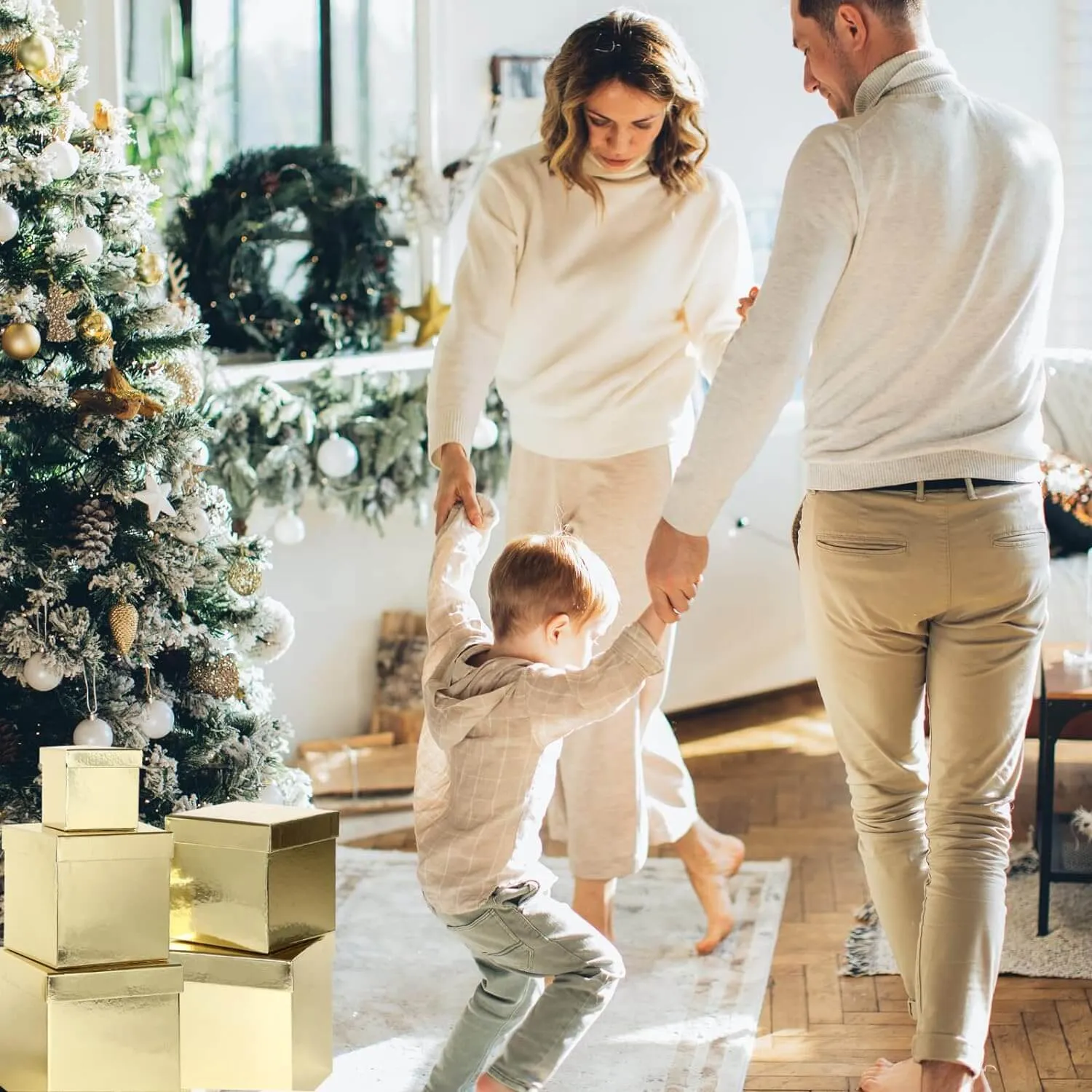 Metallic Gold Christmas Nesting Gift Box, Set of 5