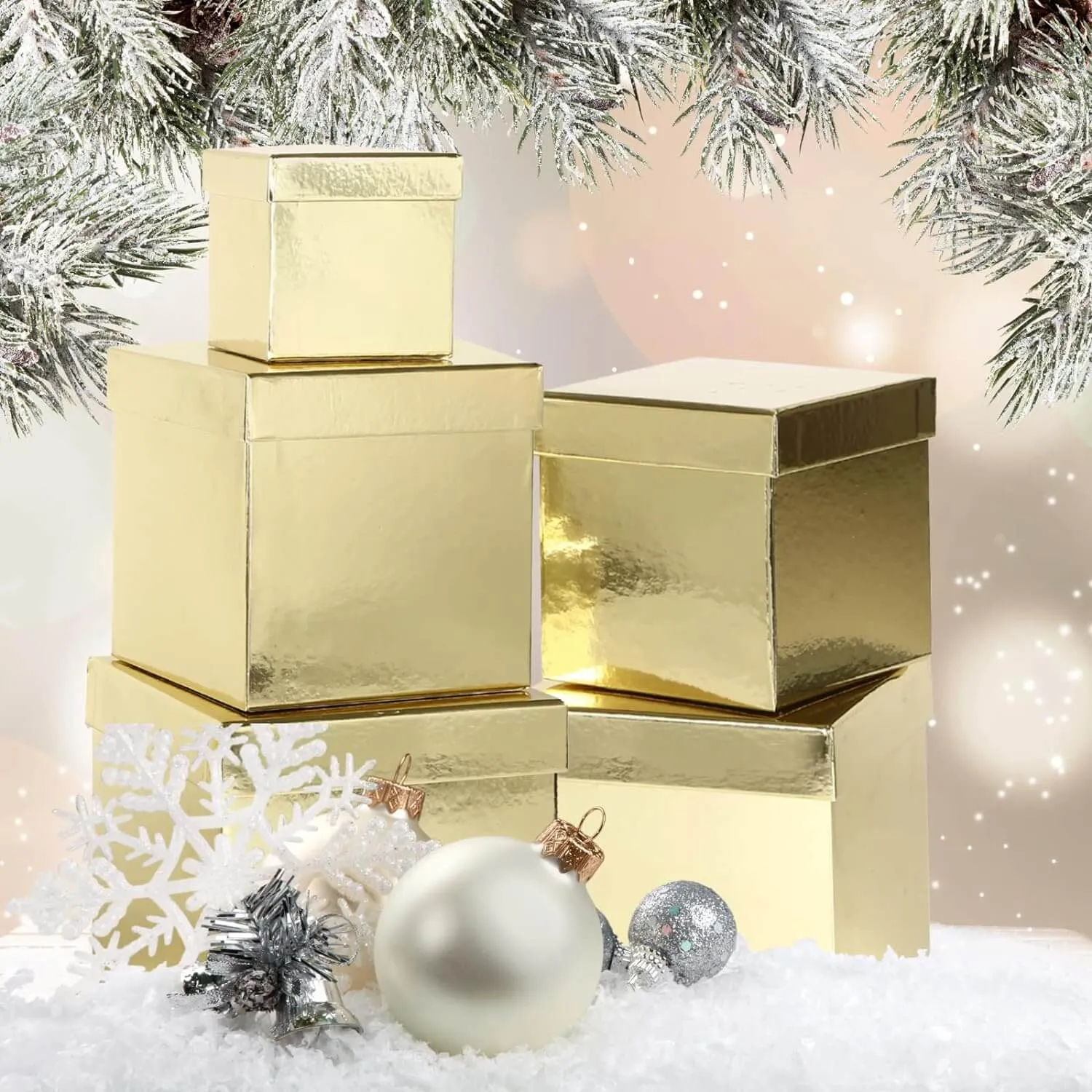 Metallic Gold Christmas Nesting Gift Box, Set of 5