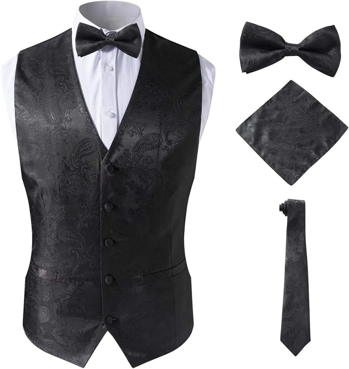 Premium Men's 4pc Paisley Black Waistcoat for Sleek Looks,Black,XL