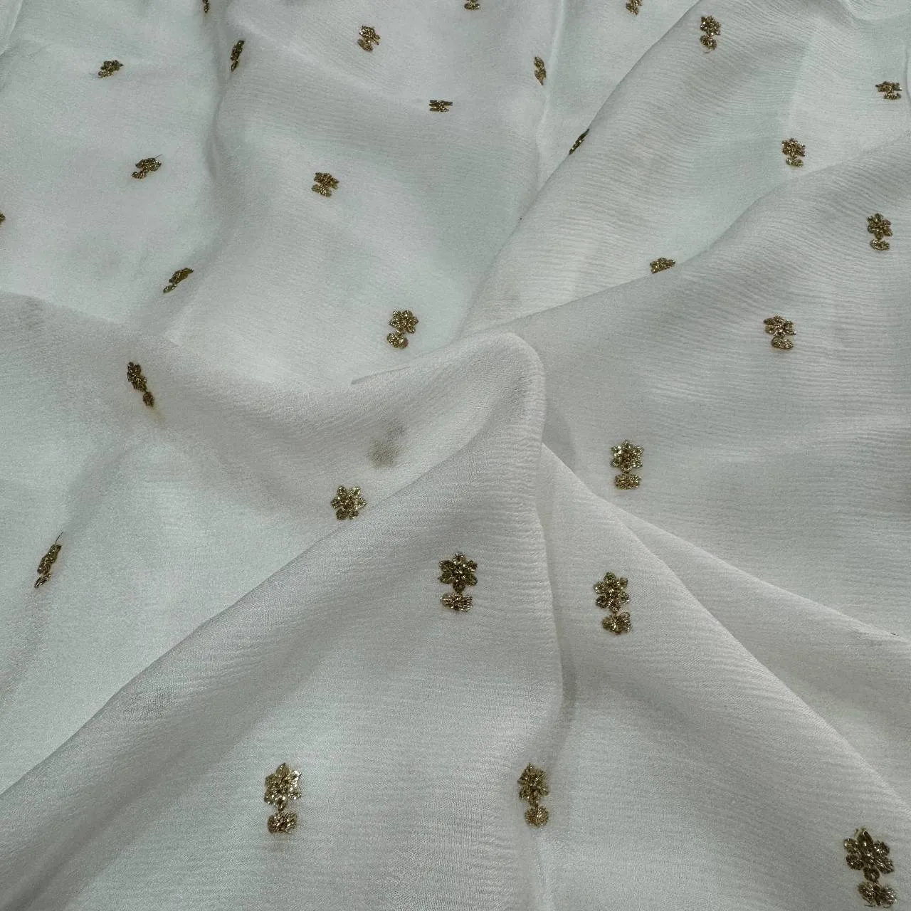 White & Golden Motifs Butti Dyeable Embroidered Viscose Chinon Chiffon Fabric (Wholesale)