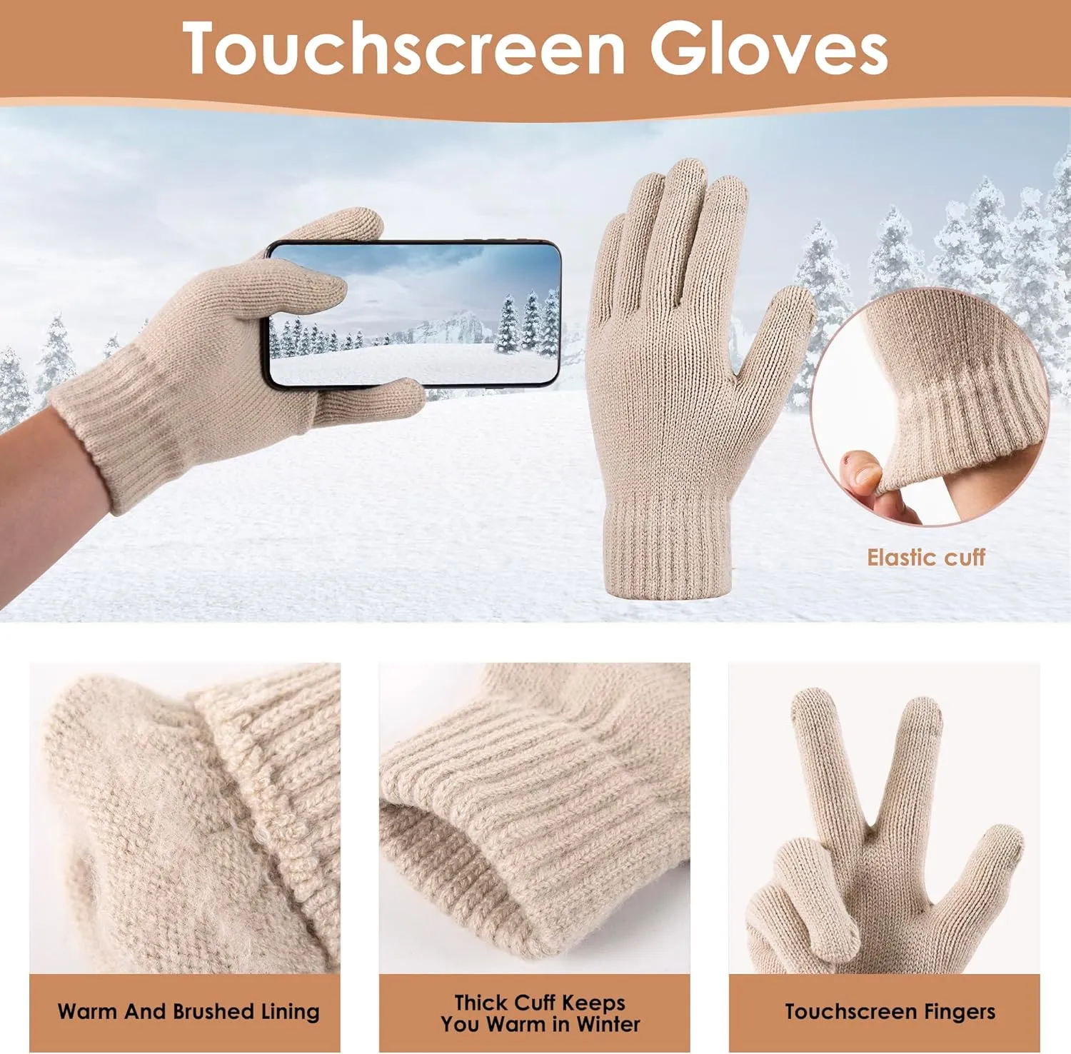 Women Winter Knit Warm Hat Beanie Gloves Set Pom Fleece Lined Hat with Touchscreen Gloves