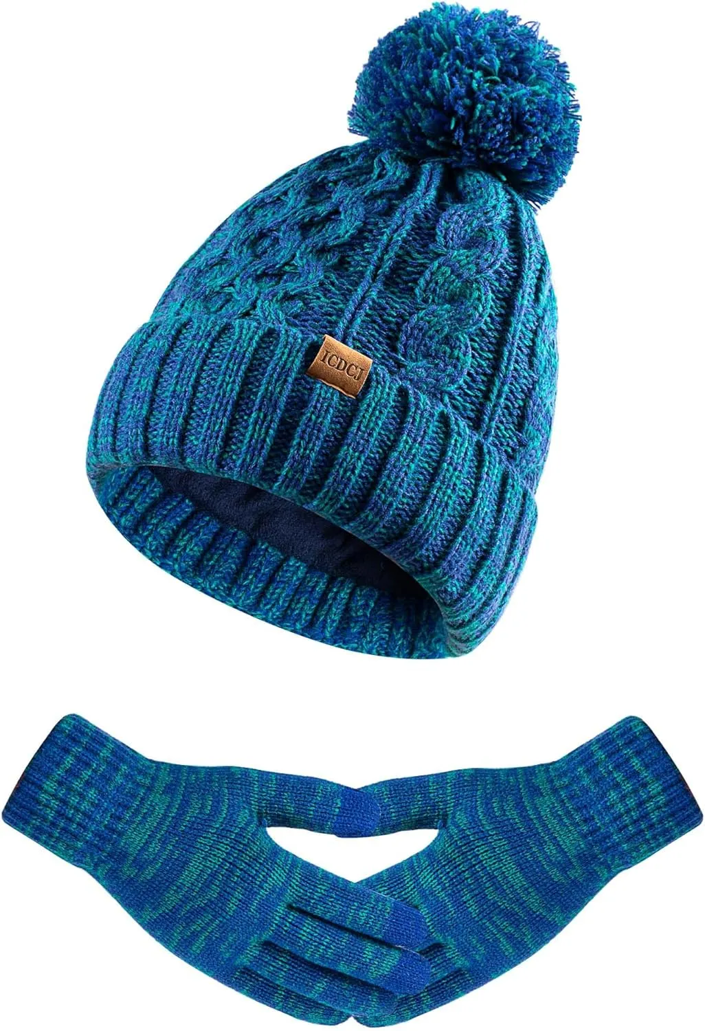 Women Winter Knit Warm Hat Beanie Gloves Set Pom Fleece Lined Hat with Touchscreen Gloves