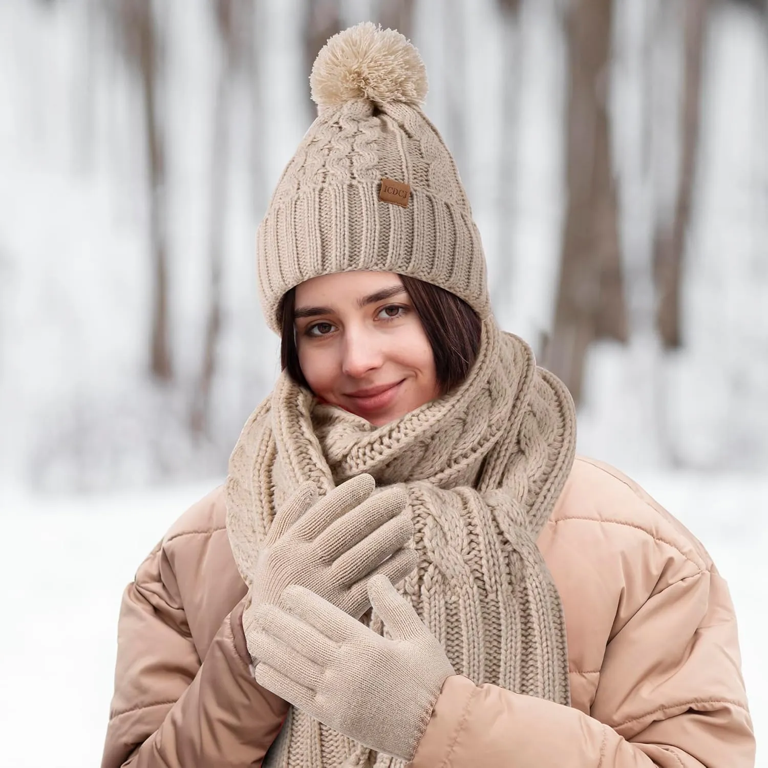 Women Winter Knit Warm Hat Beanie Gloves Set Pom Fleece Lined Hat with Touchscreen Gloves