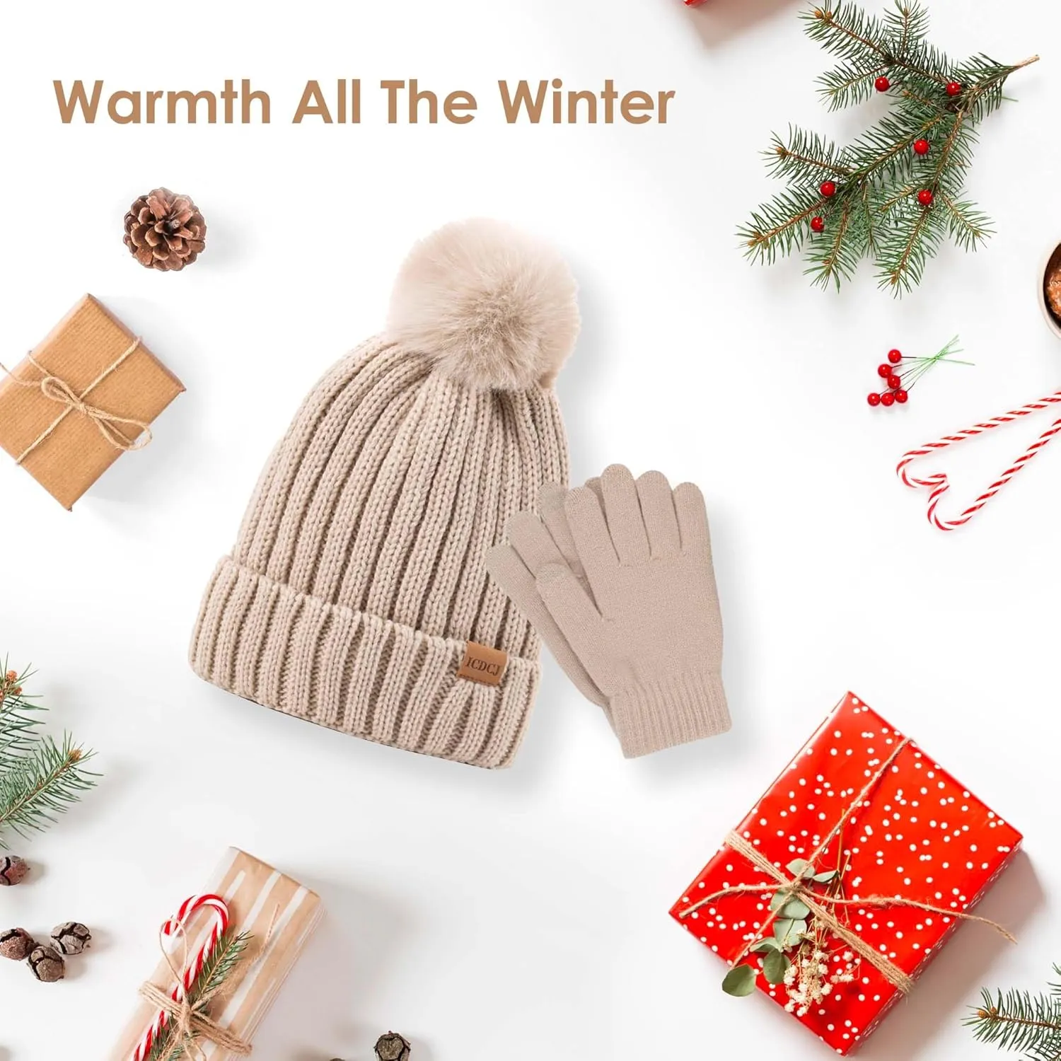 Women Winter Knit Warm Hat Beanie Gloves Set Pom Fleece Lined Hat with Touchscreen Gloves