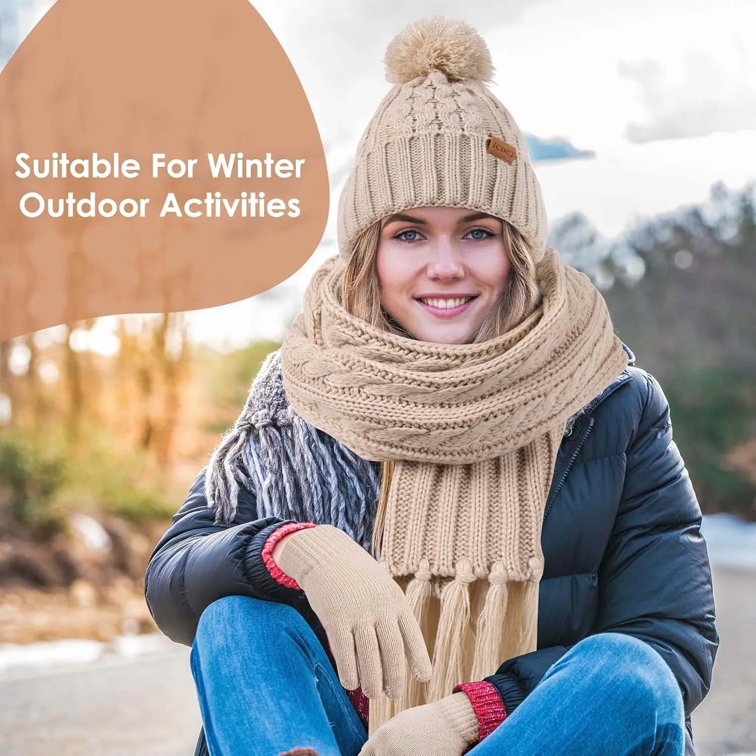 Women Winter Knit Warm Hat Beanie Gloves Set Pom Fleece Lined Hat with Touchscreen Gloves