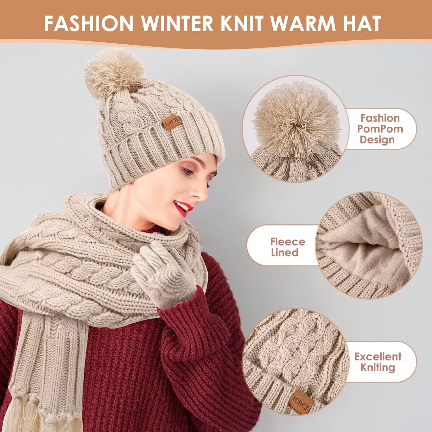 Women Winter Knit Warm Hat Beanie Gloves Set Pom Fleece Lined Hat with Touchscreen Gloves