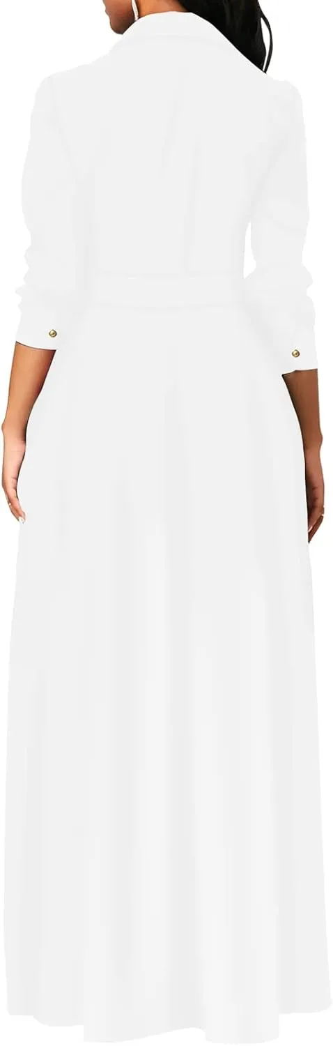Women's Button Down T-Shirt Dress Casual High Low V Neck Loose Long Dress with Belts