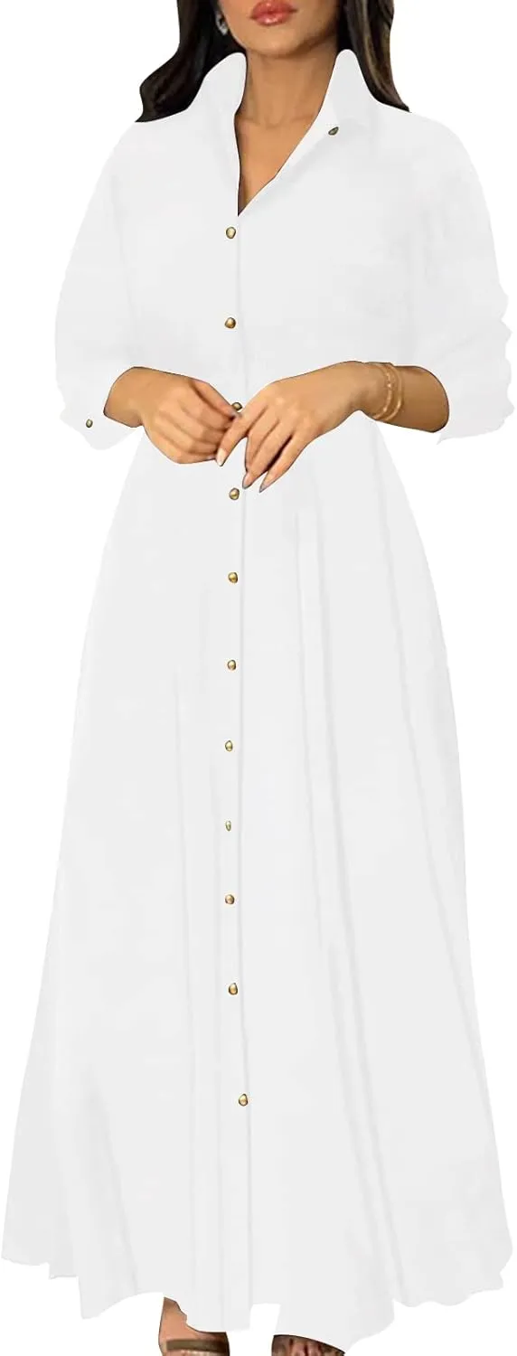 Women's Button Down T-Shirt Dress Casual High Low V Neck Loose Long Dress with Belts