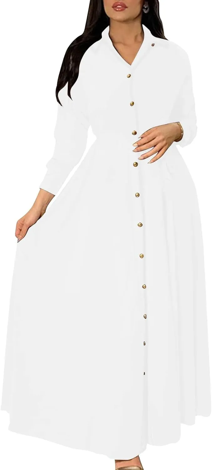 Women's Button Down T-Shirt Dress Casual High Low V Neck Loose Long Dress with Belts