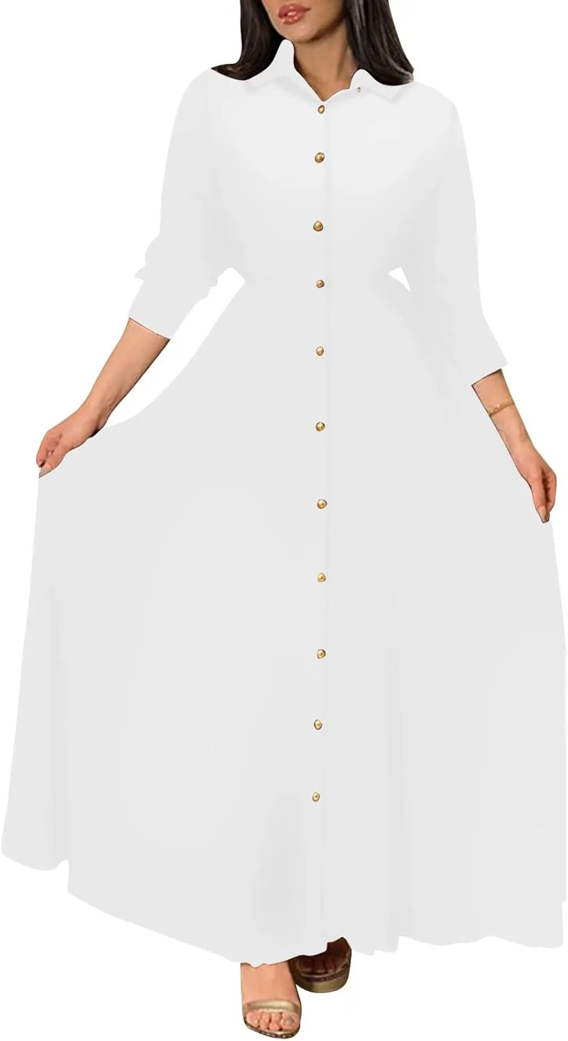 Women's Button Down T-Shirt Dress Casual High Low V Neck Loose Long Dress with Belts