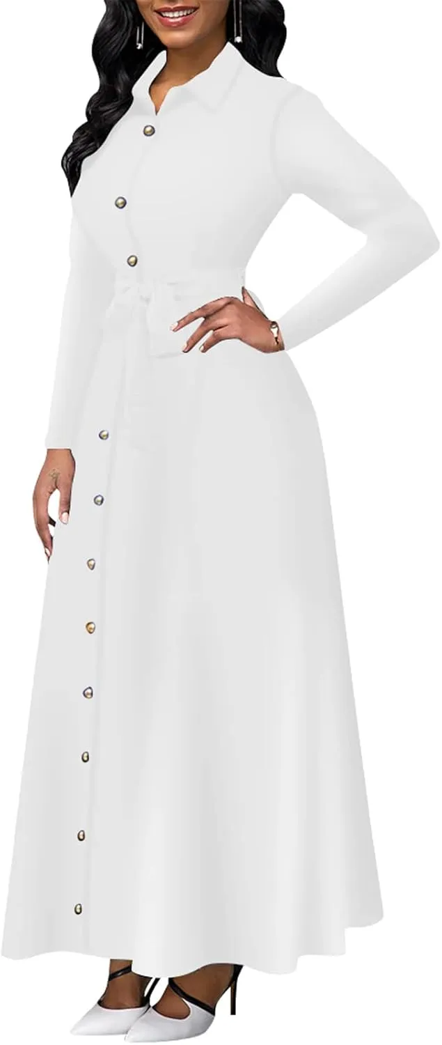 Women's Button Down T-Shirt Dress Casual High Low V Neck Loose Long Dress with Belts