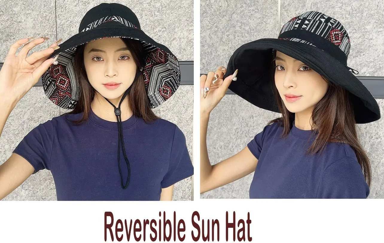 Women's Foldable Wide Brim Bucket Sun Hats for Summer - UV Protection Mesh Beach Fishing Hat with Chin Strap for Travel