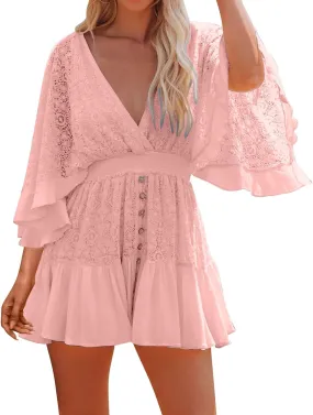 Women's Lace V Neck Dresses Bell Sleeve Crochet Romper Dress Beach Vacation Dress Womens Work
