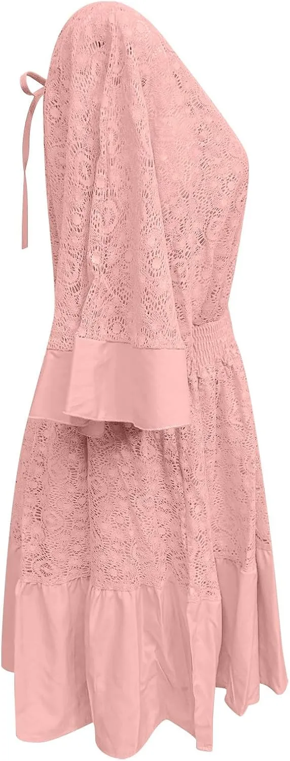 Women's Lace V Neck Dresses Bell Sleeve Crochet Romper Dress Beach Vacation Dress Womens Work