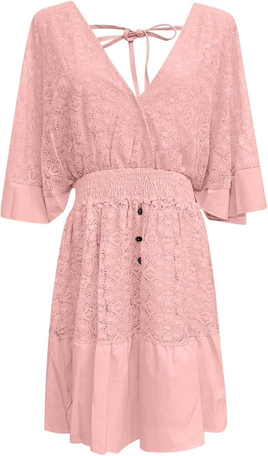Women's Lace V Neck Dresses Bell Sleeve Crochet Romper Dress Beach Vacation Dress Womens Work