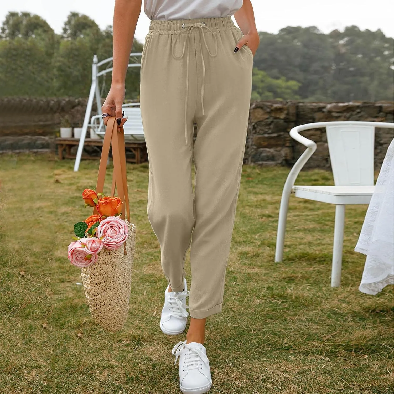 Women's Linen Summer Trousers Casual Lightweight Cotton Linen Trousers Fabric Trousers Airy Leisure Beach Trousers